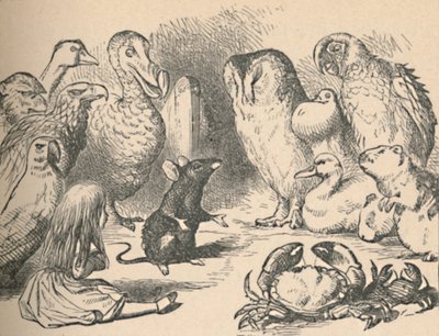 Ilustração do capítulo Caucus-Race e cauda longa. Alice e várias criaturas, como de John Tenniel