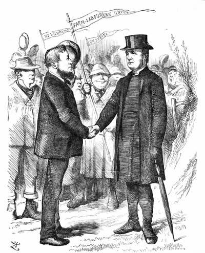 Joseph Arch (1826-1919) sindicalista, político e trabalhador agrícola inglês. Fundador do Sindicato Nacional dos Trabalhadores Agricultores. Arco saudando o Bispo de Manchester que apoiou o Sindicato numa carta ao The Times. Desenho animado de John Tenniel de John Tenniel