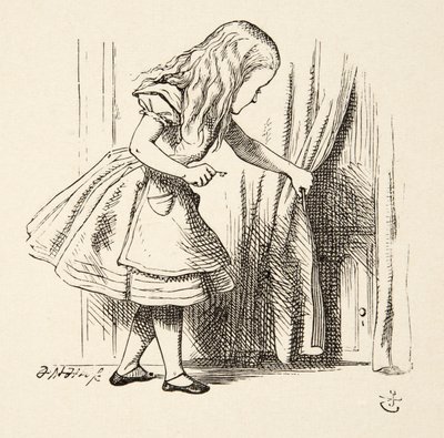Olhando para trás a cortina, de Alices Adventures in Wonderland por Lewis Carroll (1832 - 98), pub. 1891 de John Tenniel