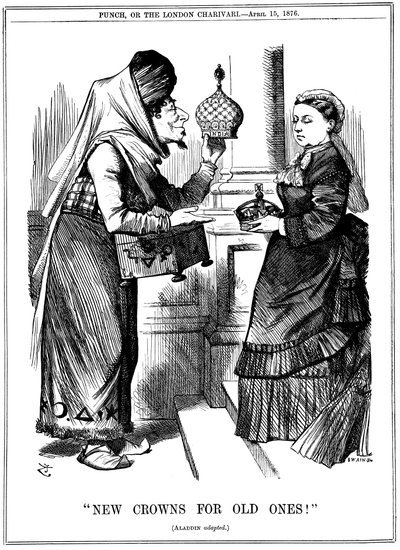 Novas coroas para os idosos !, Benjamin Disraeli oferecendo a coroa da Índia à rainha Vitória, 1876 de John Tenniel