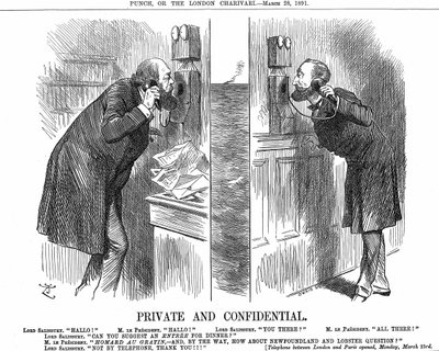Abertura da linha telefónica anglo-francesa. O primeiro-ministro britânico (Lord Salisbury) em conversa com o presidente francês (Sadi Carnot). Desenho animado de John Tenniel de Punch, Londres 28 de Março de 1891. Gravura em madeira. de John Tenniel