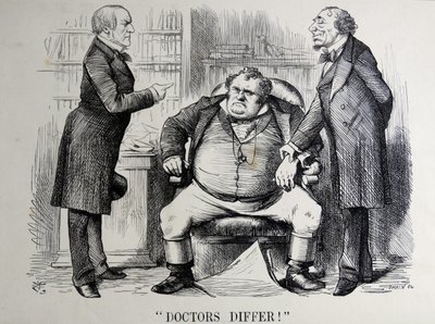 Sátira política retratando William Ewart Gladstone, Benjamin Disraeli e John Bull de John Tenniel