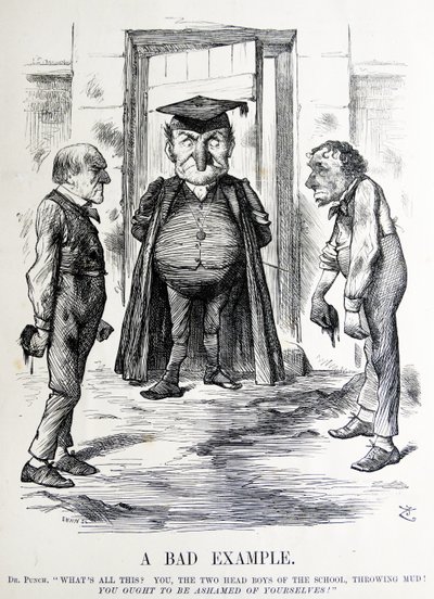 Sátira política retratando William Ewart Gladstone e Benjamin Disraeli de John Tenniel