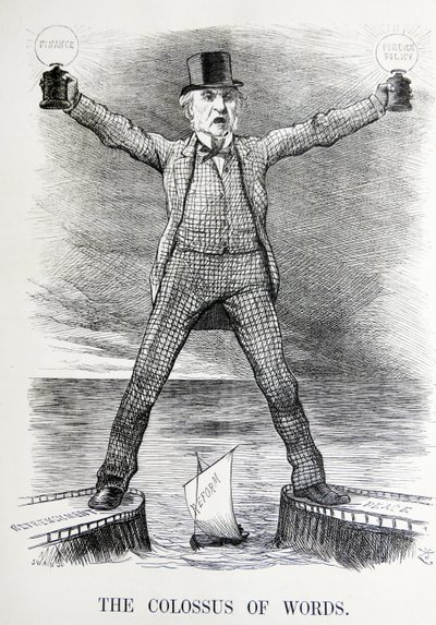 Sátira política retratando William Ewart Gladstone e Benjamin Disraeli de John Tenniel