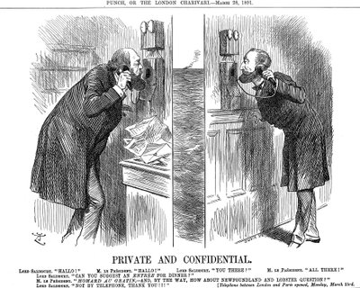 Privado e confidencial, abertura da linha telefônica anglo-francesa, 1891 de John Tenniel