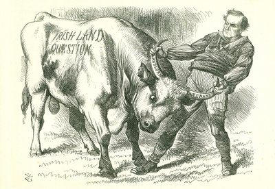 Levando o Touro (Irlandês) pelos Chifres: Projecto de lei aprovado pelo Parlamento a 15 de Fevereiro de 1870 e recebeu o consentimento real a 8 de Julho. William Gladstone, primeiro-ministro, tratando do assunto. John Tenniel cartoon de Punch, Londres, 26  de John Tenniel