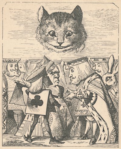 O gato de Cheshire olhando para o rei e a rainha vermelhos discutindo em 1889 de John Tenniel
