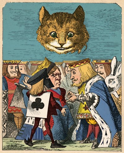O gato de Cheshire olhando para o rei e a rainha vermelhos discutindo em 1889 de John Tenniel