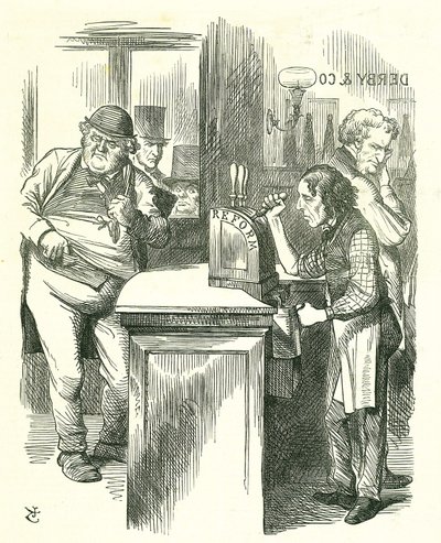 O Rapaz do Pote Honesto: Reforma do Parlamento - extensão da franquia. Disraeli servindo a Reforma a John Bull observado pela sua oposição parlamentar. Ele apresentou e levou a sua Lei da Reforma. Tenniel cartoon de Punch, Londres de John Tenniel