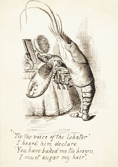A Lagosta, com uma escova de cabelo em sua garra em pé diante de uma mesa de vestir, com 4 linhas do verso, c.1865 (caneta e tinta marrom) de John Tenniel