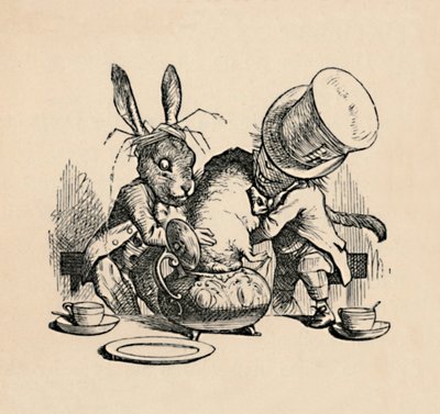 O Chapeleiro Maluco e a lebre de março tentam colocar o Leirão em um bule de chá, 1889 de John Tenniel