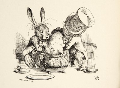 O Chapeleiro Maluco e a Lebre de Março colocam o Dormouse no Bule, de Alices Adventures in Wonderland, de Lewis Carroll (1832 - 98), pub. 1891 de John Tenniel