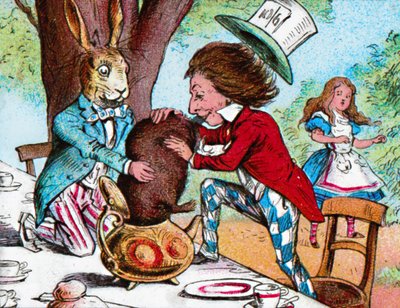 O Chapeleiro Maluco e a Lebre de Março tentando colocar o Leirão em um bule de chá, c1910 de John Tenniel