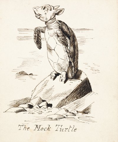 A Tartaruga Falsa &39;- A Tartaruga Falsa Soluçando em uma Rocha, c.1865 (caneta e tinta marrom) de John Tenniel