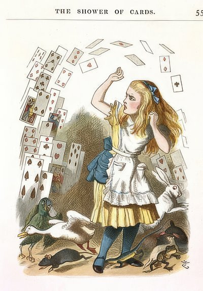 A chuva de cartas. Ilustração para Alice no país das maravilhas por Lewis Carroll. 1890 de John Tenniel