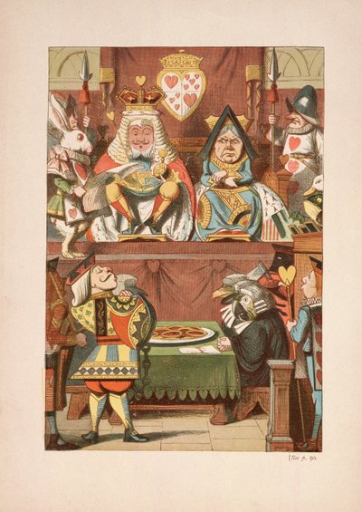 O Julgamento do Valete de Copas, de Alicia Aventuras no País das Maravilhas e Através do Espelho e O Que Alice Encontrou Lá, de Lewis Carroll (1832 - 98), publicado em 1911 (litografia colorida) de John Tenniel