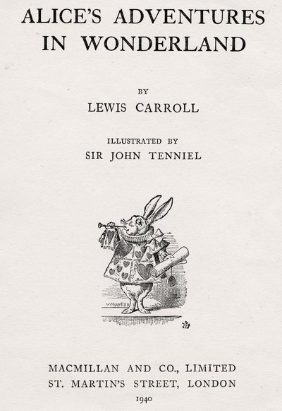 O Coelho Branco na página de título de "As Aventuras de Alice no País das Maravilhas de John Tenniel