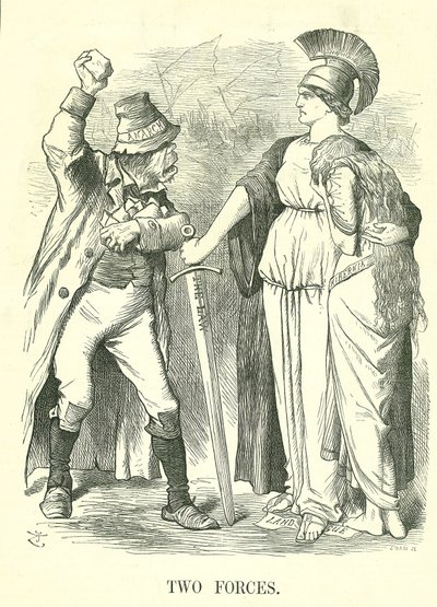 Duas Forças: A Liga Irlandesa de Terras foi proibida. Britannia protege Hibernia (Irlanda) com a Força da Lei contra a Força da Anarquia. John Tenniel cartoon de Punch, Londres, 29 de Outubro de 1881. de John Tenniel