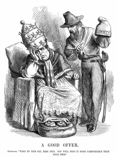 Unificação da Itália: Giuseppe Garibaldi (180718-82) tentando persuadir o Papa Pio IX de que o Cabo da Liberdade seria muito mais confortável do que a coroa papal. John Tenniel cartoon de Punch, Londres, 29 de Setembro de 1860. Gravura em madeira. de John Tenniel