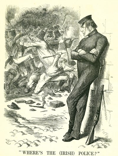 Onde está a polícia (irlandesa)? William Gladstone, primeiro-ministro britânico, a observar a agitação na Irlanda e à espera de intervir. Em Abril foi aprovada pelo Parlamento uma nova Lei de Preservação da Paz Irlandesa. John Tenniel cartoon de Punch, Lon de John Tenniel