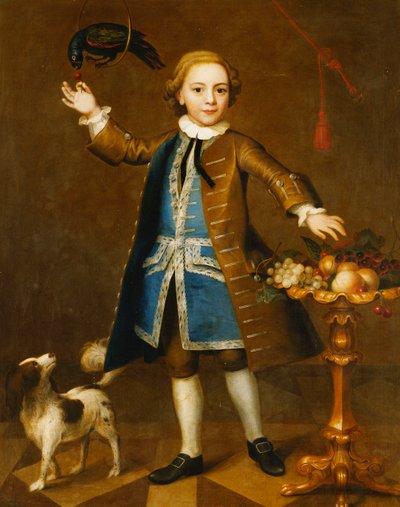 Retrato de um menino, de corpo inteiro, com um casaco marrom, colete azul com trança de prata, segurando uma cereja em um papagaio, um spaniel ao lado, com frutas em um carrinho, 1741 de John Theodore Heins