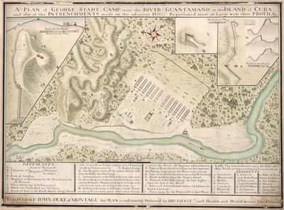 Planta do acampamento de George Stadt, perto do rio Guantamano, na ilha de Cuba, e também das intrincheiras feitas nas colinas adjacentes, representadas em grande plano com os seus perfis LOC 2010592464 de John Thomas
