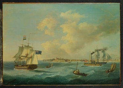 Uma fragata de 44 armas, um navio a remo de passageiros e outro transporte marítimo de St.Peter Port, Guernsey, 1825 de John Thomas Serres