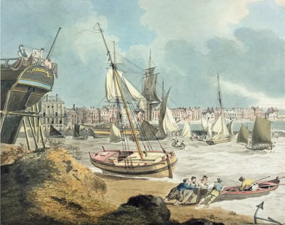 Porto em Weymouth, Dorset, 1805 (caneta, tinta e aquarela sobre papel) de John Thomas Serres