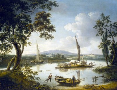 Vista do Tamisa em Shillingford (Inglaterra), com a Abadia de Dorchester no horizonte. Óleo sobre tela de John Thomas Serres