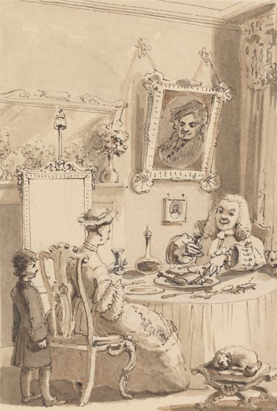 Hogarth a beber o primeiro copo de vinho com a sua mulher - Os seus cães mantêm distâncias respeitosas de John Thomas Smith