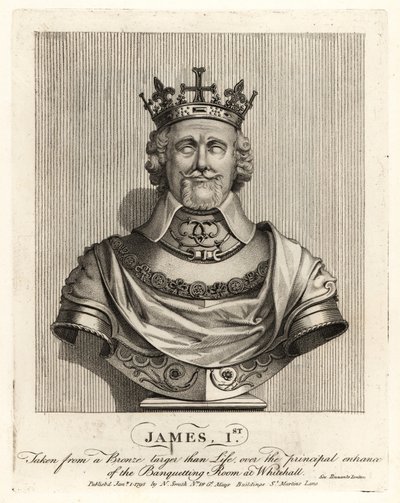 O Rei James I de Inglaterra, tirado de um busto de bronze sobre a entrada da sala de banquete em Whitehall de John Thomas Smith