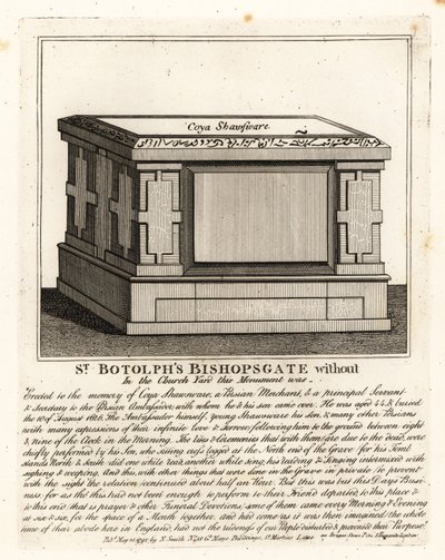 Monumento muçulmano ao estilo de um altar a Coya Shawsware, ou Khwaja Shahsuwar (1582-1626), comerciante e secretário de Nogdi implora ao embaixador persa, anteriormente em St Botolphs, Bishopsgate de John Thomas Smith