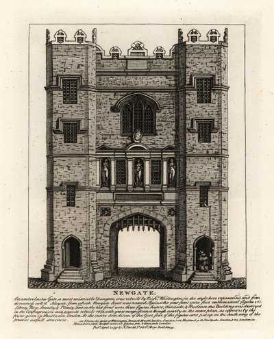 Newgate, reconstruído em 1672 após o incêndio de Londres, com três figuras Justiça, Fortaleza e Prudência do antigo portão construído pelo prefeito de Londres Richard Wittington de John Thomas Smith