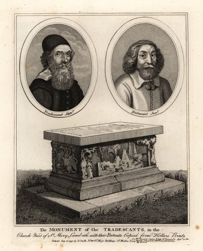 Retratos ovais de naturalistas e colecionadores John Tradescant the Elder and Younger, e seu túmulo no adro da igreja de Santa Maria Lambeth de John Thomas Smith