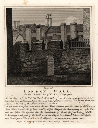 Parte da antiga Muralha de Londres no adro da igreja de St Giles, Cripplegate, Londres de John Thomas Smith