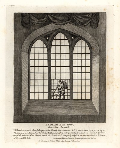 Pedlar e o seu cão no vitral da igreja de Saint Mary-at-Lambeth de John Thomas Smith