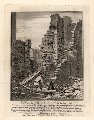 Ruínas da Muralha Romana de Londres expostas pelo incêndio de Maio de 1792 em Ludgate Hill de John Thomas Smith