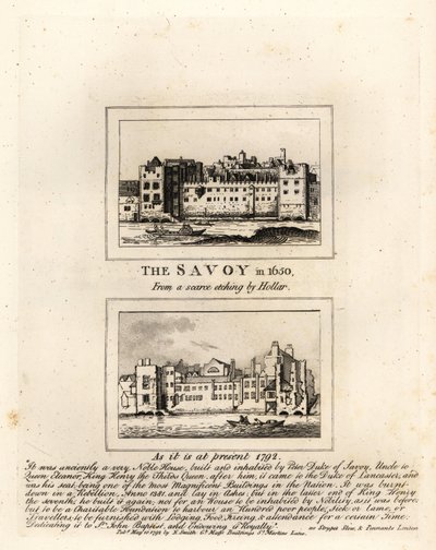 O Hospital Savoy em 1650 a partir de uma estampa de Wenceslaus Hollar e em ruínas em 1792 de John Thomas Smith