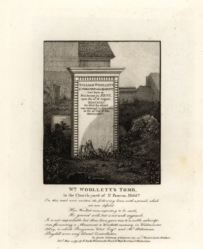 Túmulo do gravador real William Woollett, falecido em 1735, no adro de São Pancras, Middlesex de John Thomas Smith