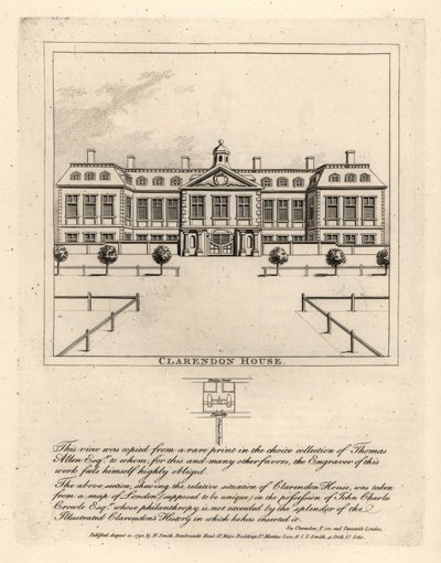 Vista da Clarendon House da St James Street, de uma estampa rara da coleção de Thmoas Allen de John Thomas Smith