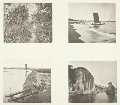 A Country Road perto de Taiwanfu, A Catamaran, Chain Pumps, Rock Inscriptions, Amoy, c. 1868. de John Thomson