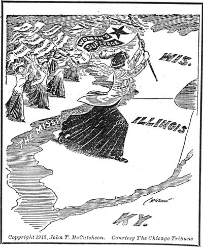 Travessia para o Illinois, cartoon editorial de John Tinney McCutcheon