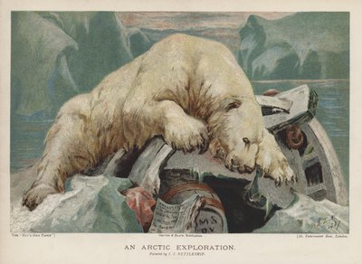 Uma Exploração do Ártico: um urso polar investigando itens de uma expedição ao Ártico (chromolitho) de John Trivett Nettleship