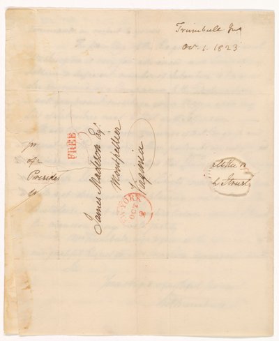 Carta de John Trumbull (1756-1843) ao Presidente Madison datada de 1 de Outubro de 1823 de John Trumbull