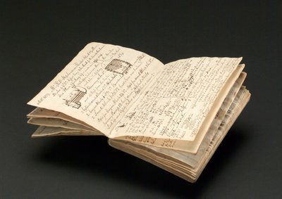 Caderno pertencente a John Urpeth Rastrick, que foi usado para gravar detalhes dos ensaios da locomotiva Rainhill em 1829 (caneta e tinta sobre papel) de John Urpeth Rastrick