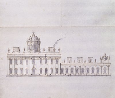 Castle Howard, Yorkshire: Um esboço a lápis esquemático mostrando o desenvolvimento das asas do pátio, c.1699 (caneta e tinta marrom e aguada cinza) de John Vanbrugh