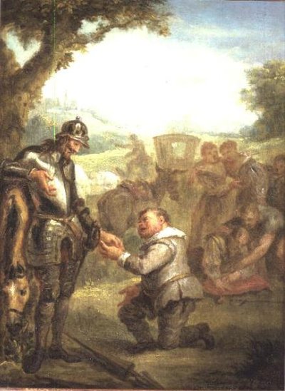 Dom Quixote após o duelo com o valente Biscau, inclina-se sobre o seu cavalo Rosinante, enquanto Sancho Panchez pede o governador da ilha de Barataria, cena do "Dom Quixote" de Cervantes (painel) de John Vanderbanck
