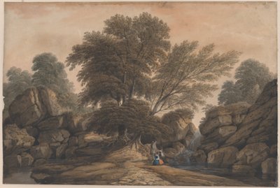 Figuras junto a uma cascata e a um lago numa paisagem arborizada de John Varley
