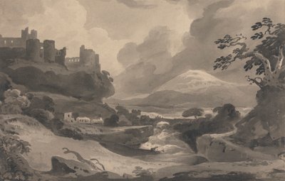 Paisagem de montanha com ruínas de castelo num penhasco de John Varley
