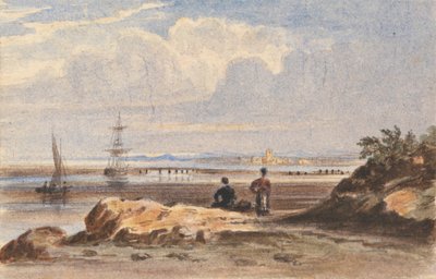 Litoral com duas figuras e uma cidade distante de John Varley
